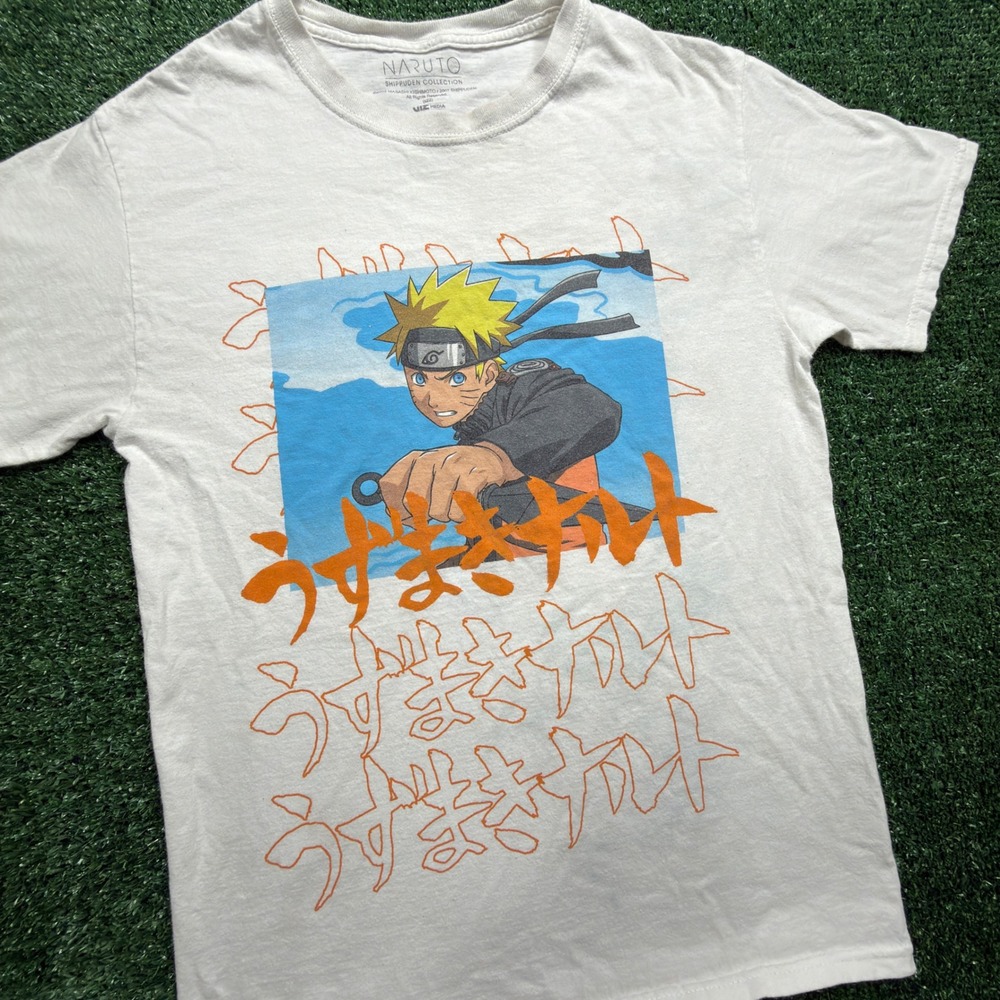 Vintage‎ 2002 Naruto Shippuden Graphic T-Shirt Mens Small White Anime Kanji Tee
